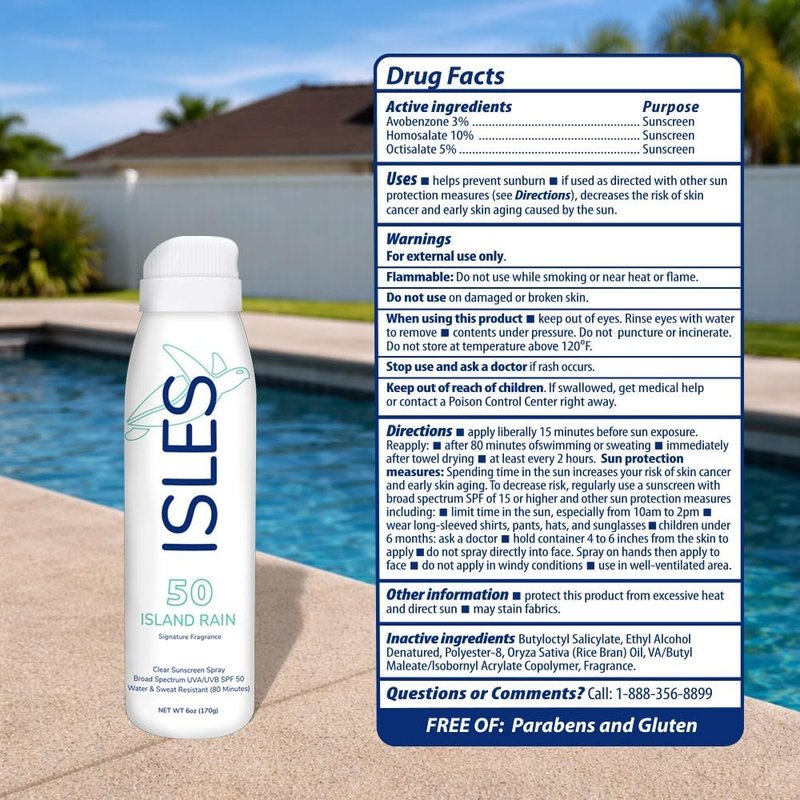 Coral Isles Island Rain Sunscreen Spray SPF 50 - Hawaii Reef Safe Compliant - Oxybenzone Free - Broad Spectrum UVA/UVB - Water Resistant (80 Min) - 6 Fl Oz (Pack of 2)