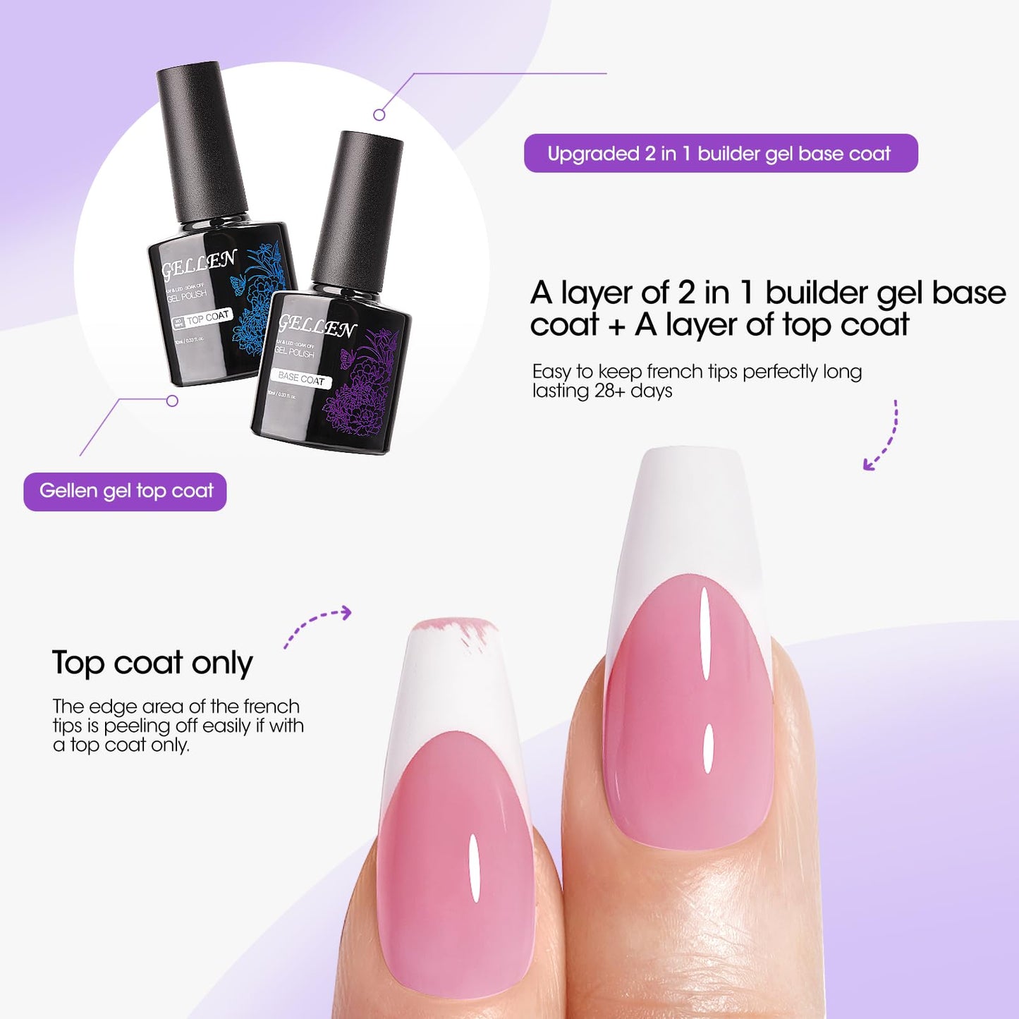 Gellen Pink Press on Nails Kit - Long Square French Tips Press on Nails 240pcs Soft Gel Nails, Include Gel Glue, Base Gel, Top Coat, Nail Lamp Nail Extension Kit