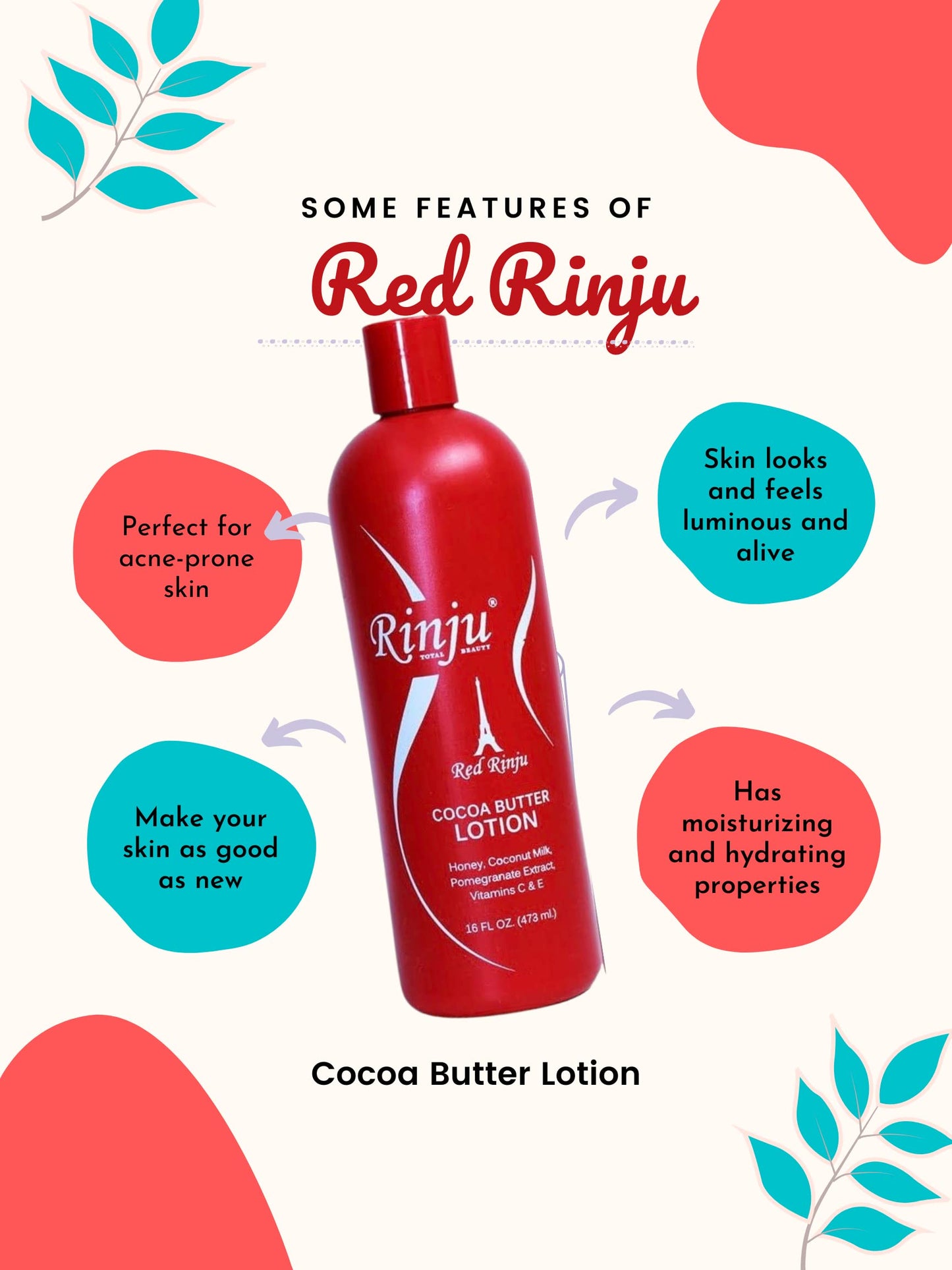 Rinju Cocoa Butter Lotion - Non-Greasy Lotion for Women & Men - 16 oz Cacao Butter Lotion for Extremely Dry Skin - Pomegranate Extracts & Vitamin C and E Moisturizer - Skin Care Essentials