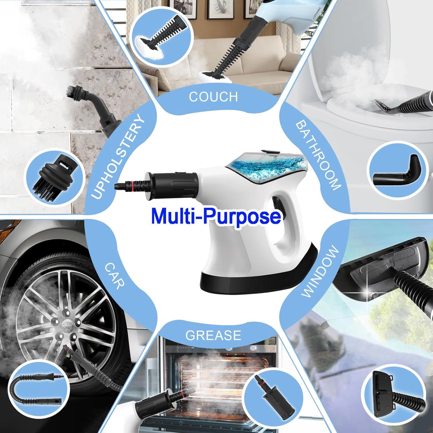 Handheld Steam Cleaner - 10S Quick Heat, Large Water Tank & 9 Accessories | Multi-Surface Use for Home, Kitchen & Car (White/Black)