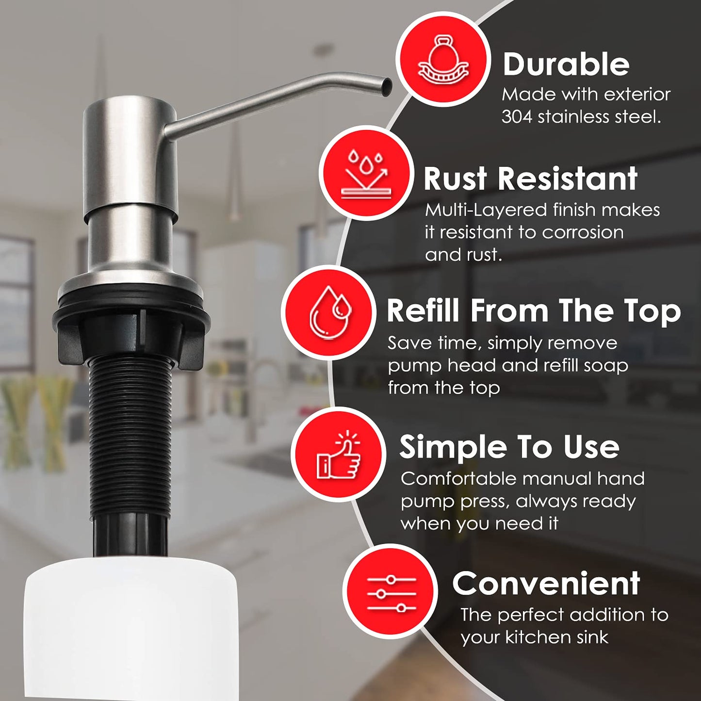 Built in Soap Dispenser for Kitchen Sink with Brushed Nickel Finish, Fits 1 to, 1.25 Inch Hole, Stainless Steel Pump Replacement for Lotion and Soap Dispensing
