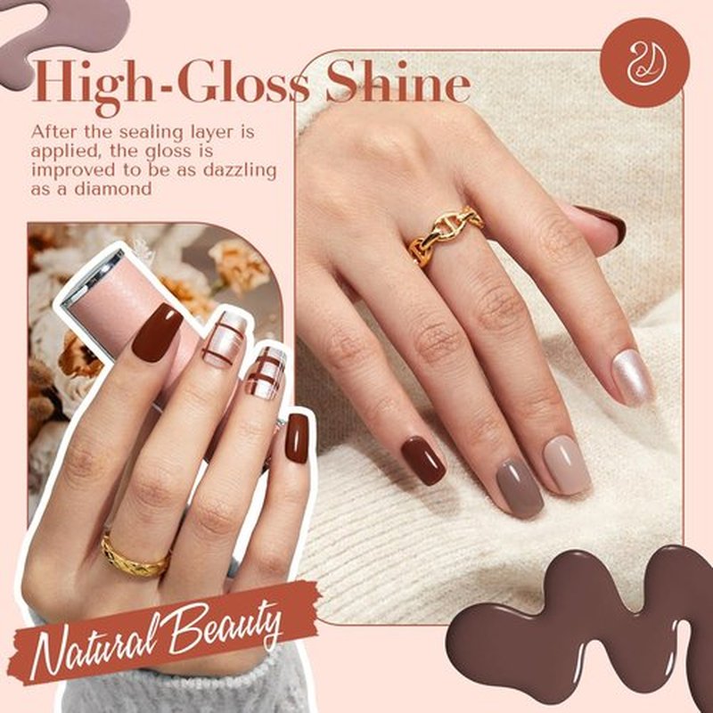 AZUREBEAUTY Nail Polish Set, 8 Colors Brown Glitter Nude Glitter Fall Winter Quick Dry Natural Vegan Nail Lacquer Strengthening Treatment Kit with Top Coat DIY Salon at Home