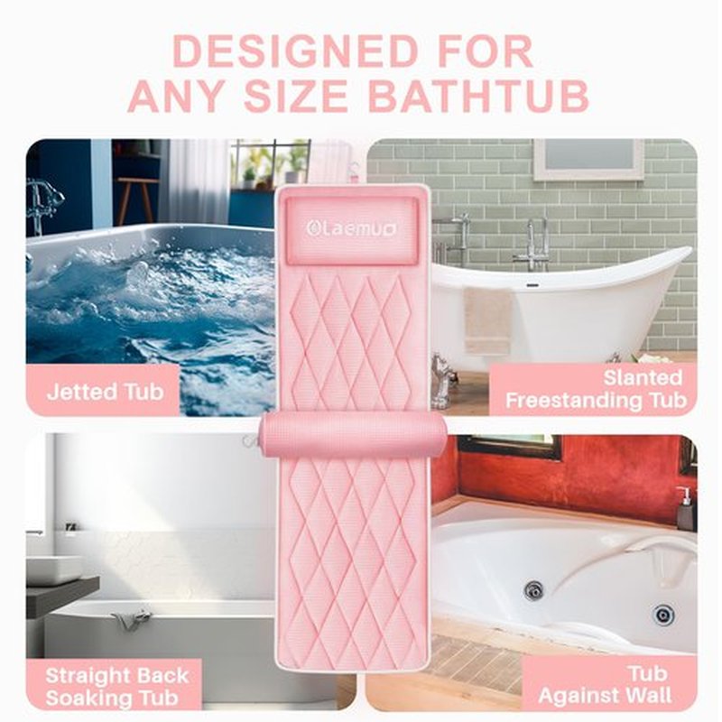 Full Body Bath Pillows for Tub-Bath Pillow Luxury Bathtub Pillow-Full Body Bath Tub Pillow for Bathtub for Head Neck and Back Support with Lumbar-Comfy Bathtub Pillow Mat for Tub -Pink