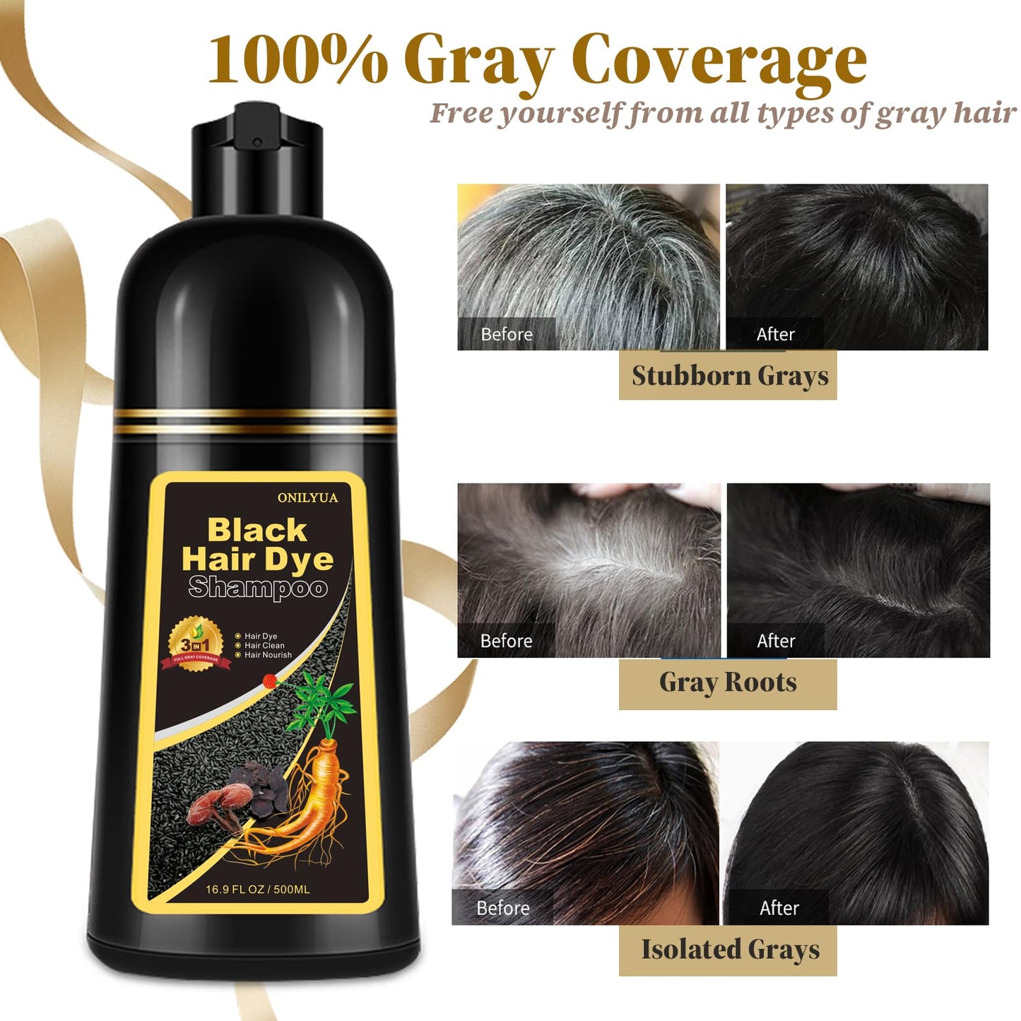 Instant Black Hair Dye Shampoo 3 in 1, 100% Grey Hair Coverage for Women Men, Magic Color Shampoo Hair Dye, Black Shampoo for Painting Hair, Plant Bubble Dye Shampoo, Shampoo Para Canas, 16.9 Fl Oz