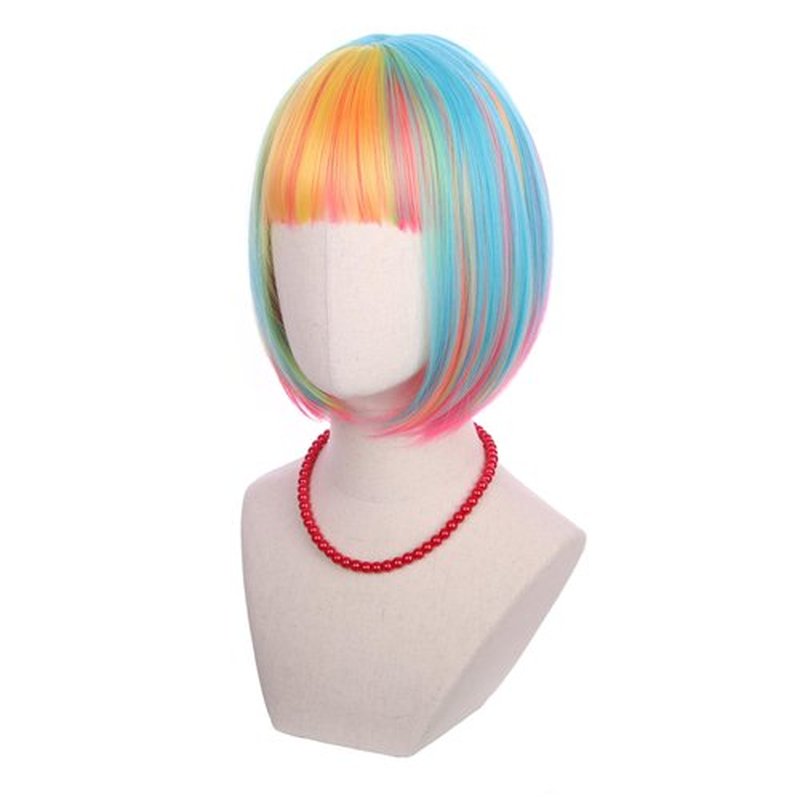 Edivd Kids Rainbow Bob Wig Girls Short Colorful Bob Wig with Bangs Heat Resistant Synthetic Wig with Wig Cap