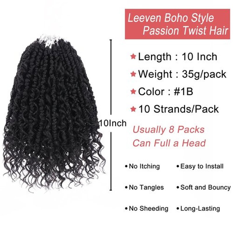 Leeven 10 Inch Goddess Passion Twist Crochet Hair 8 Packs Boho Style Crochet Twist Pre Twisted Bomb Twist Curly Ends Black Pre Looped Bohemian Synthetic Braids for Women #1B