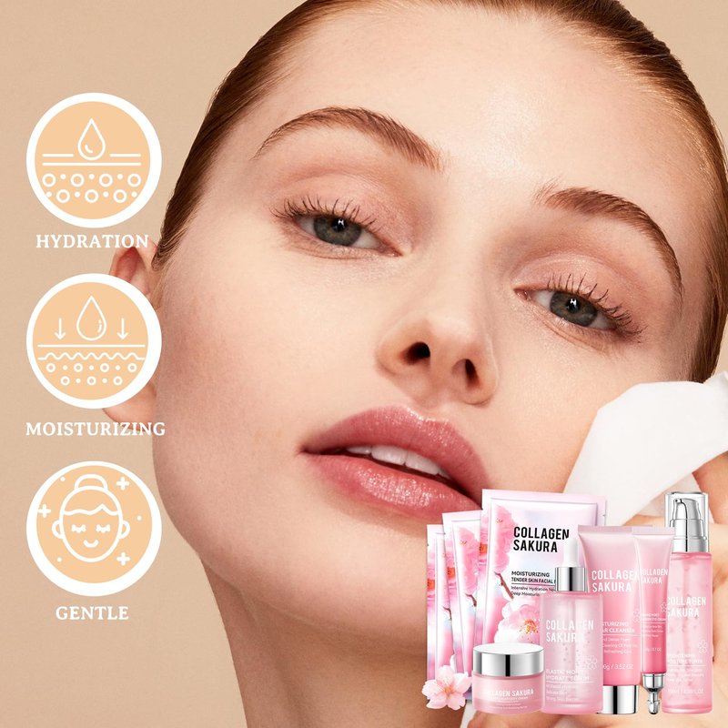 Sakura Skin Care Set,Moisturizing Skincare Kit with Face Cleanser,Facial Serum,Toner,Eye Cream,Face Cream and Hydrating Face Masks,Long-lasting Nourishing Skincare Set Facial Kit for Women(8pcs)