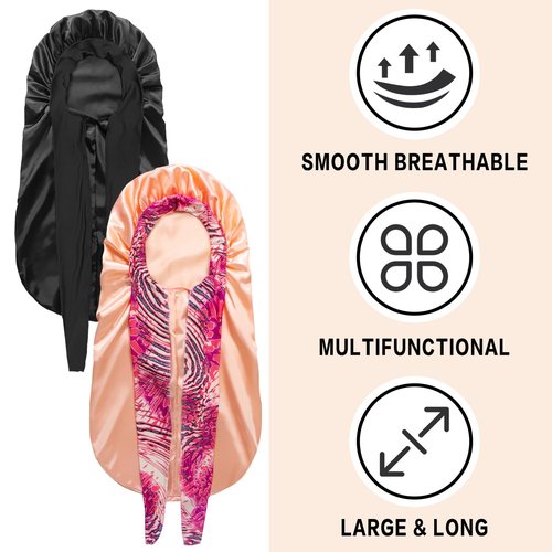 2Pack Bonnets for Black Women Braid Bonnet, Large Long Bonnet Satin Bonnet for Braids,Black Women Silk Bonnet with Stretchy Tie Band Braid Bonnet for Sleeping Extra Long (Black&Golden Pattern)