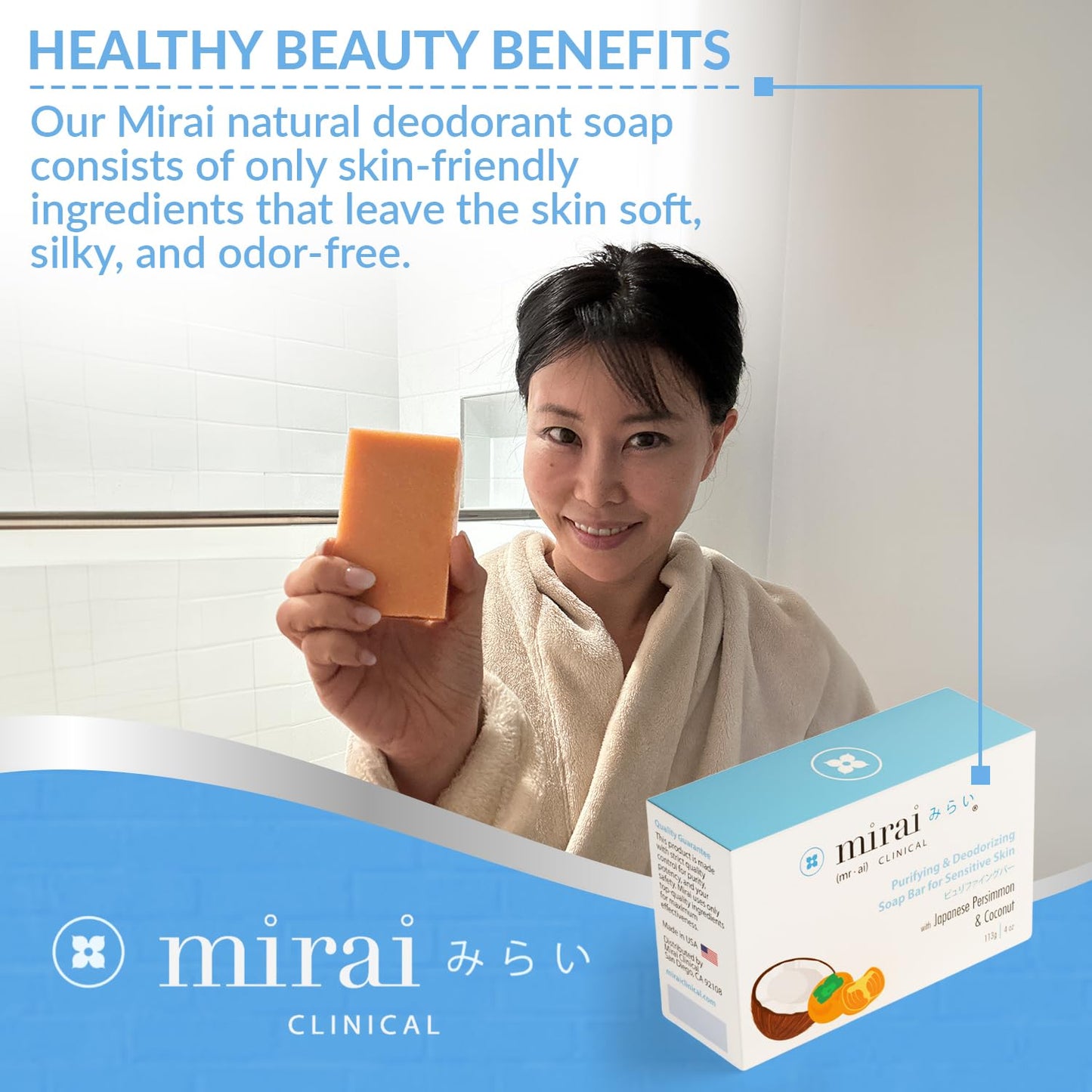Mirai Clinical - 100g Persimmon Soap Bar for Body - Persimmon Soap with Nonenal Odor Control - Japanese Persimmon Extract Soap - Green Tea Extract Deodorant Soap Bar for Men & Women