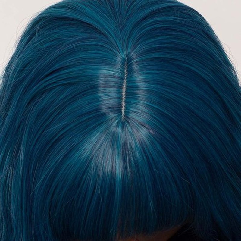 WGPFWIG Women's Blue Ombre Wig 27''Long Curly Wavy Wig Shoulder Length Flat Bangs Wig For Women Girl Cosplay Party Halloween Wig Cap Included (27''Blue Ombre)