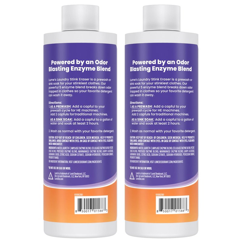 Lume Laundry Stink & Stain Eraser - Detergent Booster & Sink Soak - Eliminates Body Odor In Clothes - Odor Blasting Enzyme Blend - Make Your Detergent Work Better - Free & Clear - 8 fl oz (2 Pack)