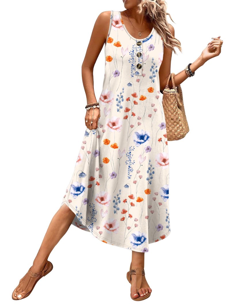WIHOLL Summer Dresses for Women 2026 Button Front Sleeveless Casual Midi Dress Beach Vacation Sundresses with Pockets