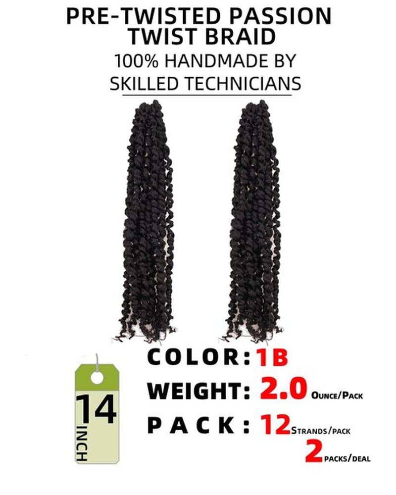 Miss Sula Passion Twist Hair-Pre-twisted Passion Twists,Pre-Looped Crochet Braids Made Of Bohemian Hair Synthetic Braiding Hair Extensions (14 Inch(Pack of 2), 1B)
