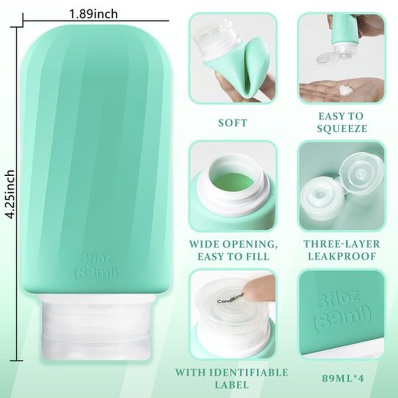 Portable Silicone Travel Bottles Set for Toiletries, 4 Pack TSA Approved Travel Size Containers with Toiletry Bag, 3oz Leak Proof Refillable Liquid Travel Accessories for Shampoo Conditioner…