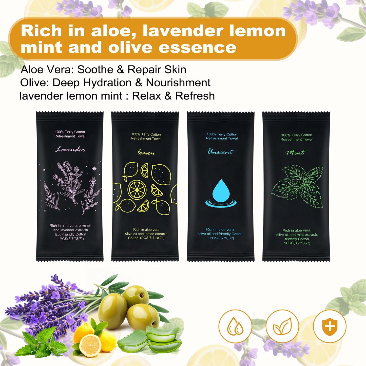 Moist Cotton Towel Bulk Moist Towelettes Individually Wrapped 8.7" x 8.7",White Towel Services,Refreshment Pre Moistened Towels Lavender,Lemon,Mint and Unscented for Sport Party Spa (pack of 200)