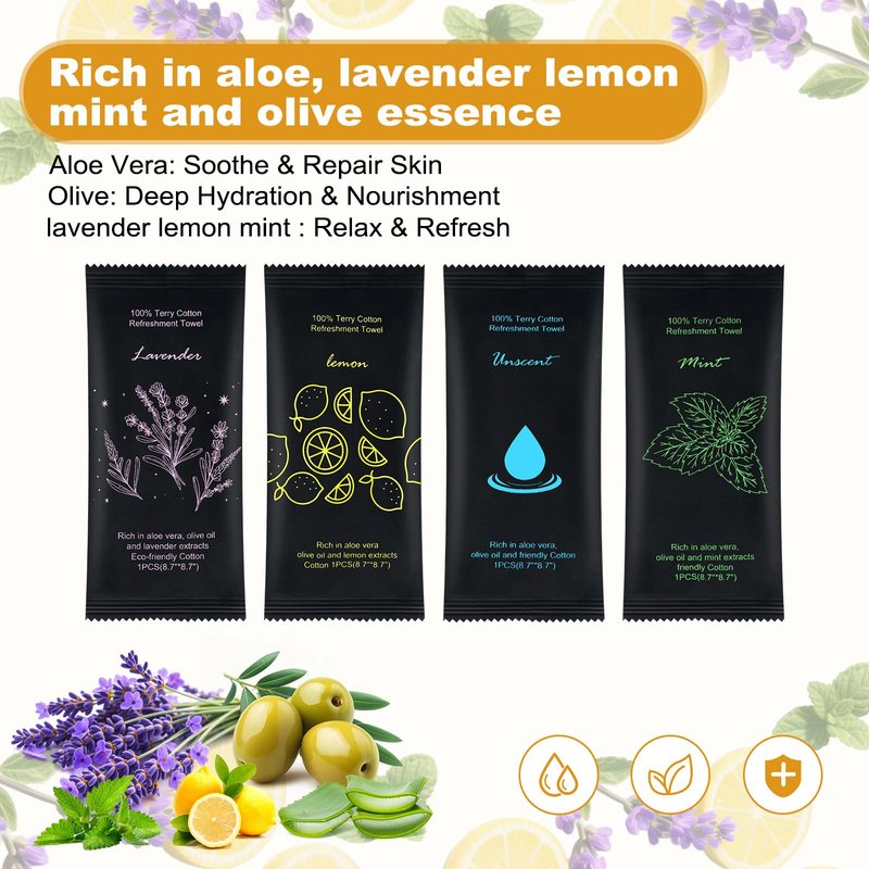 Moist Cotton Towel Bulk Moist Towelettes Individually Wrapped 8.7" x 8.7",White Towel Services,Refreshment Pre Moistened Towels Lavender,Lemon,Mint and Unscented for Sport Party Spa (pack of 200)