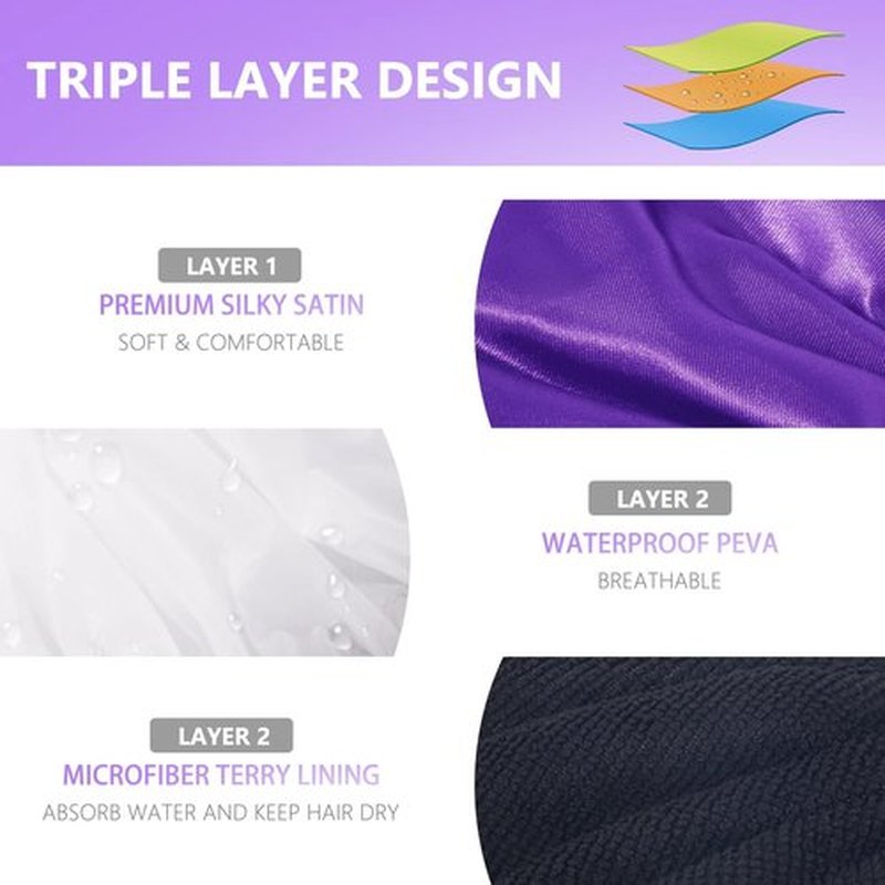 Aquior Shower Cap,Extra Large Triple Layer Bathing Cap with Dry Hair Function for Women Microfiber Terry Cloth Silky Satin 100% Waterproof Reusable Long Hair Bath Caps (Purple)