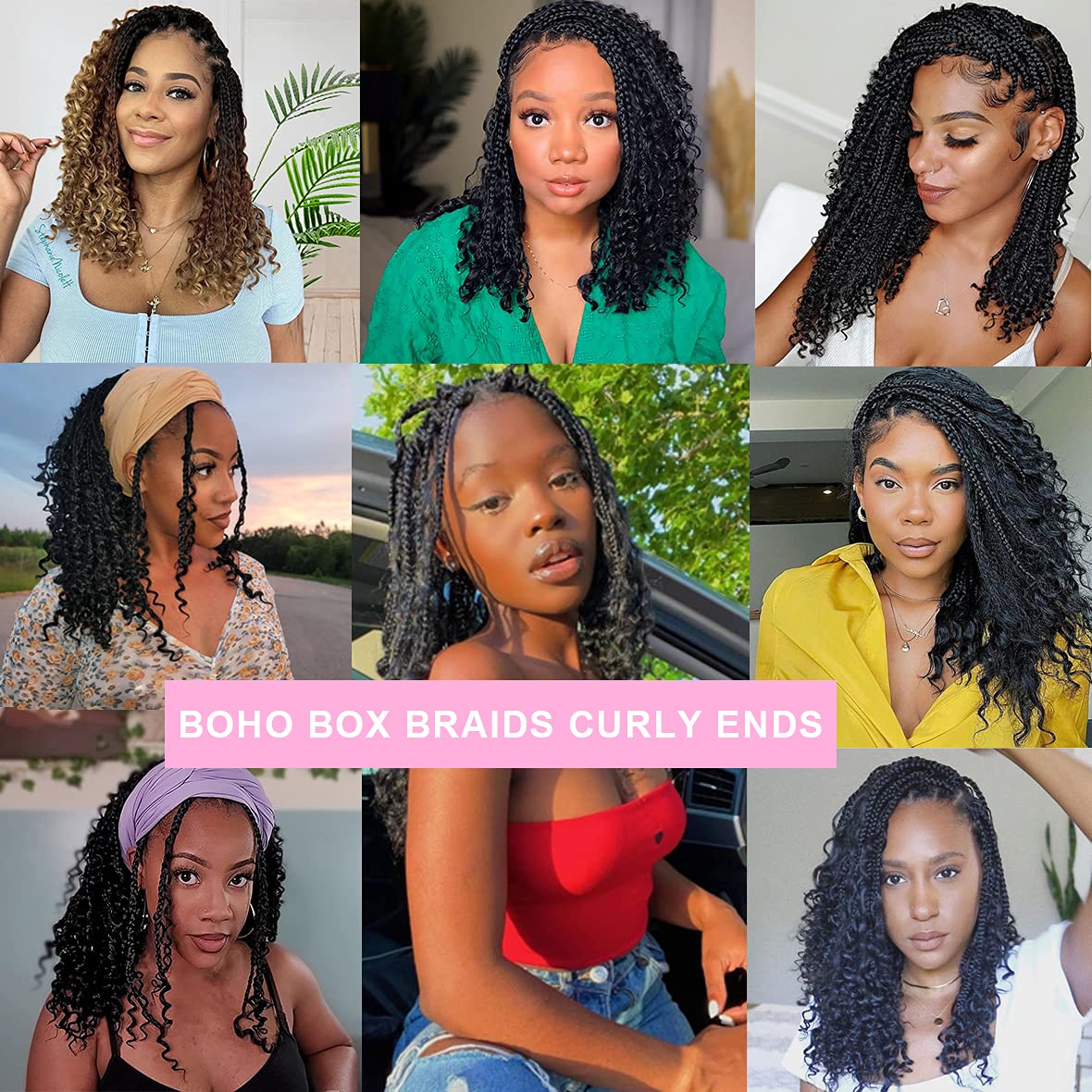 Unionbeauty Boho Box Braids Crochet Hair 16 Inch Black Goddess Box Braids Crochet Hair Curly Ends 8 Packs Bohemian Hippie Box Braids Synthetic Braiding Hair for Black Woman Crochet Box Braids 1B#