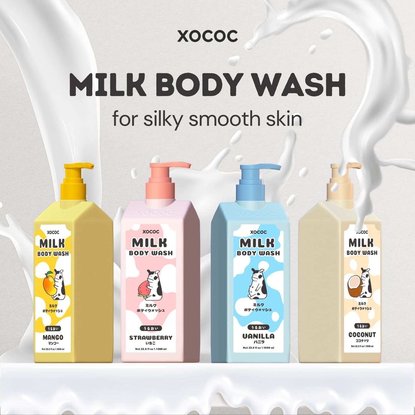 XOCOC Strawberry Milk Body Wash, 33.8 fl oz, Moisturizing Body Cleanser with Milk Protein & Strawberry Scent, Creamy Lather for Soft Smooth Skin, All Skin Types, Paraben Free, 1 Liter