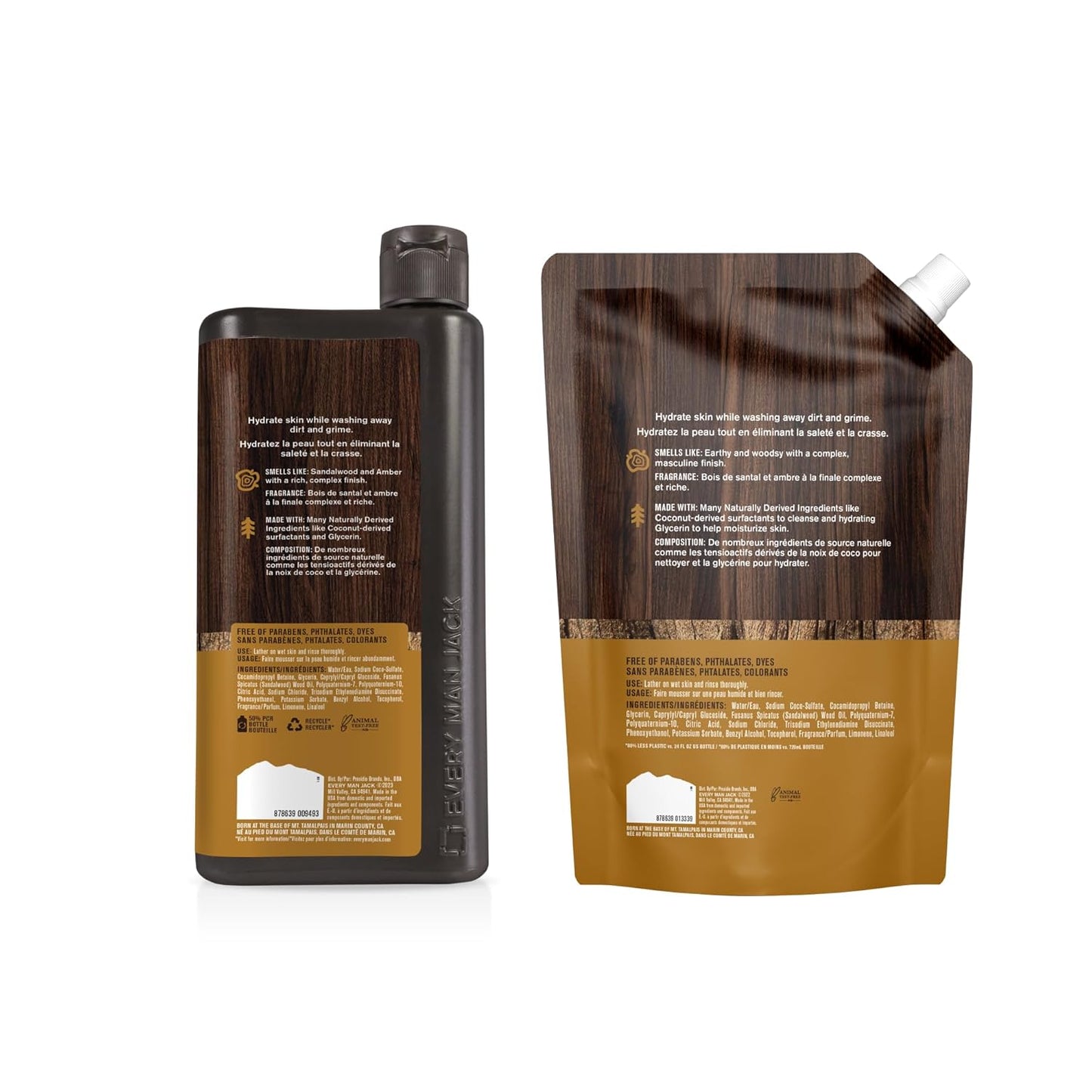 Every Man Jack Amber + Sandalwood Mens Body Wash Refill Starter Pouch - Naturally Derived Ingredients - Paraben Free, Phthalate Free, Dye Free - (1-36oz pouch, 1-24oz bottle)
