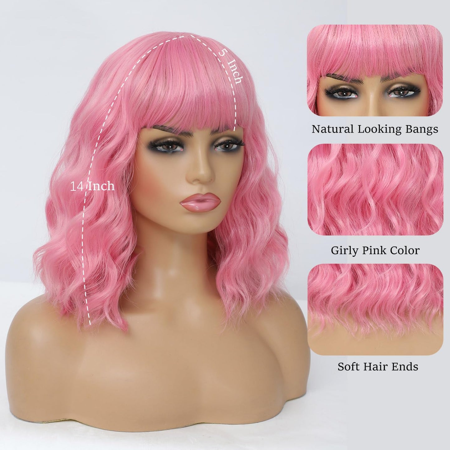 Amarlis Pink Curly Bob Wig with Bangs for Women, Natural Wavy Heat Resistant Synthetic Wig for Cosplay Daily Party Use