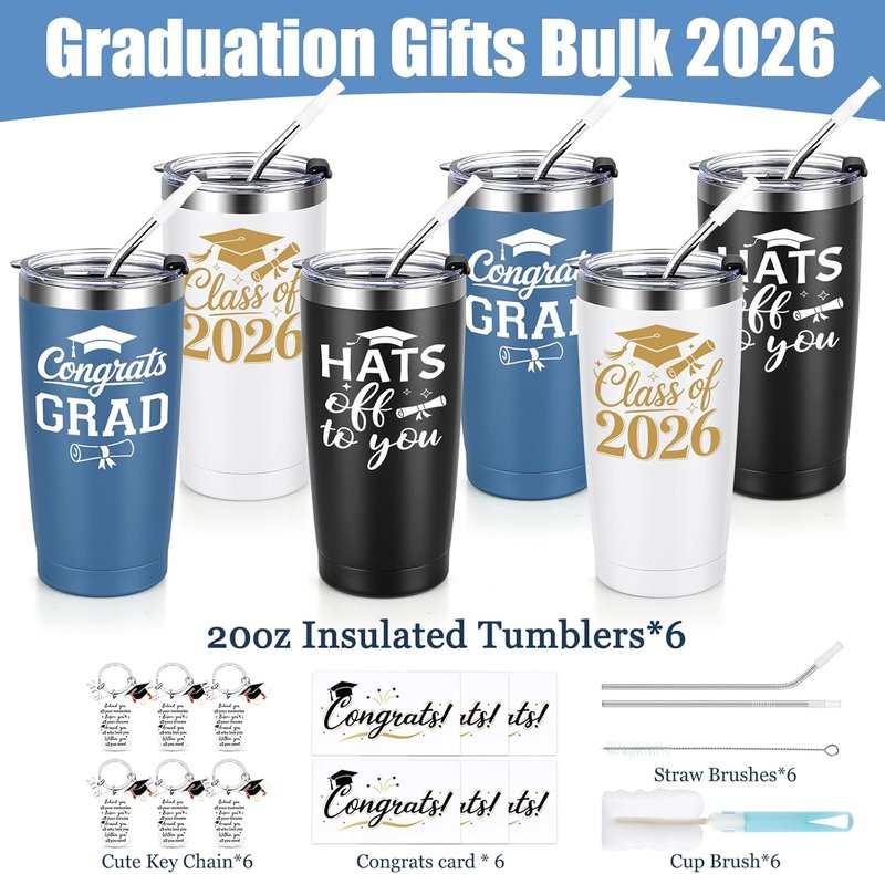 Graduation Gifts 2026 | 6-Pack 20oz Insulated Tumblers with Keychains & Cards for High School & College Graduates