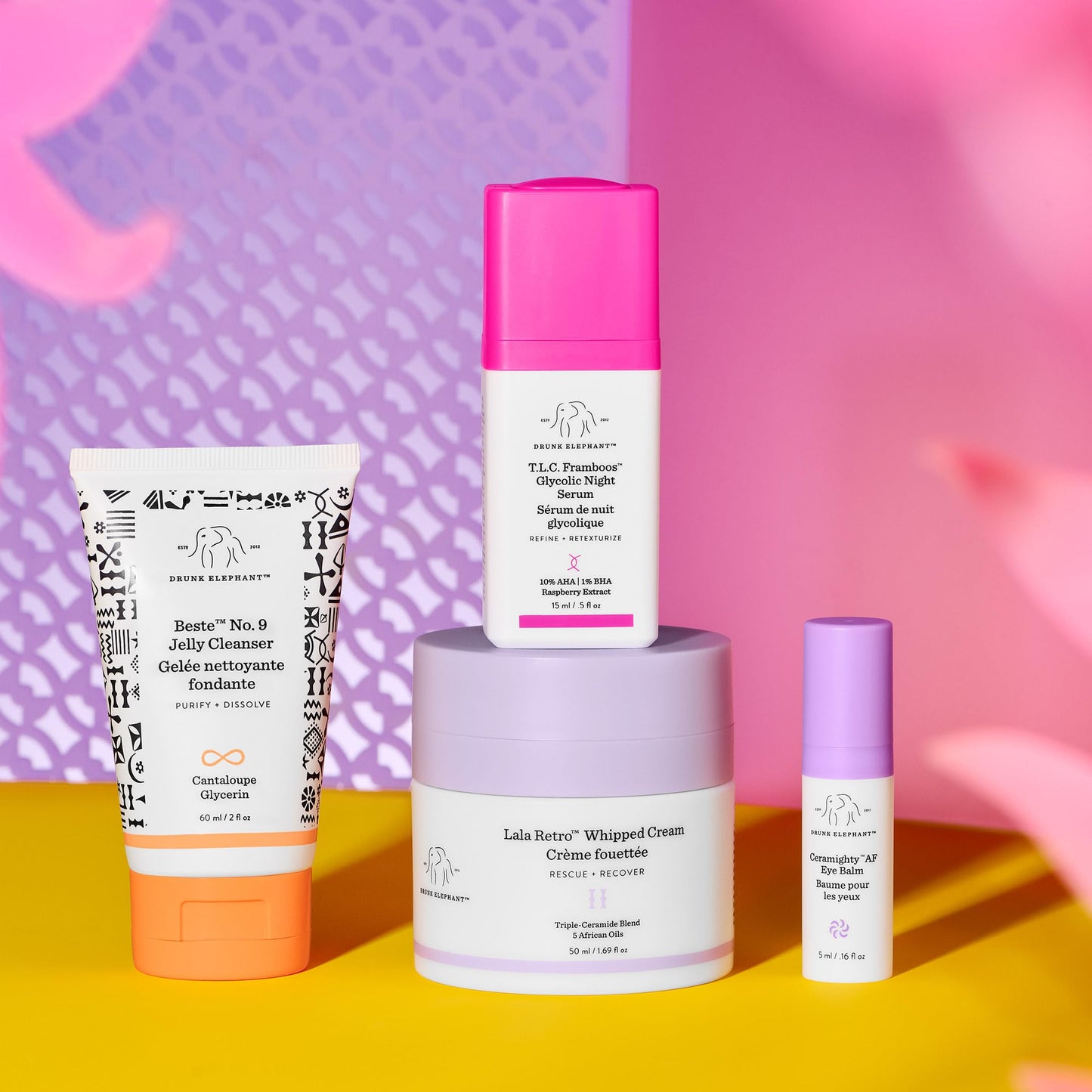 Drunk Elephant The Coast Is Clear Night Kit - Includes Lala Retro (50 ml/1.69 fl oz), T.L.C. Framboos (15 ml/.5 fl oz), Ceramighty (5 ml/.16 fl oz), and Beste No. 9 60 ml/2 fl oz)