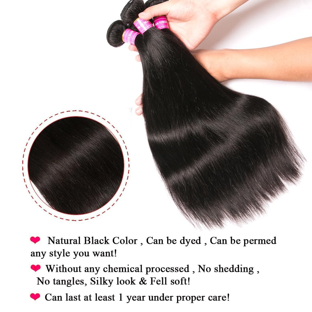 QinMei Brazilian Straight Hair 3 Bundles 10A 100% Virgin Unprocessed Human Hair Weave Extensions Brazilian Remy Straight Human Hair Bundles Natural Black Color (18 20 22inch)