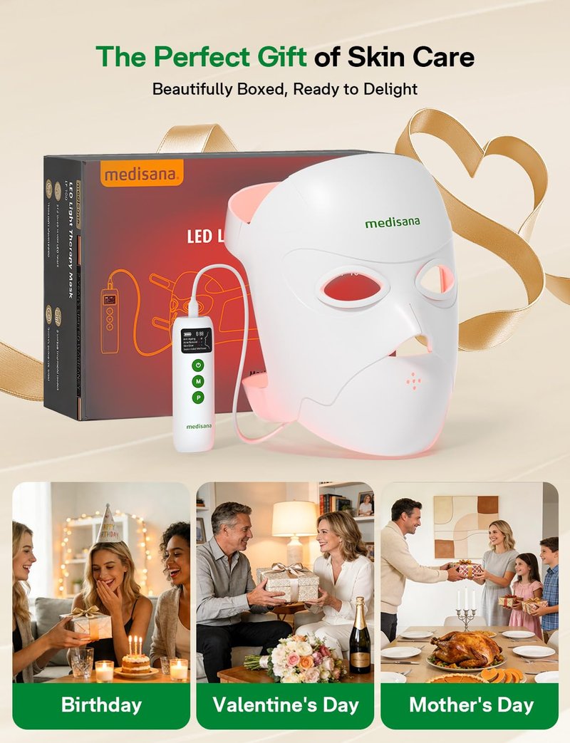 Medisana 3D Red Light Therapy Mask for Face, 336 LEDs Light Therapy Mask with 3 Modes - NIR 830nm, Red 630nm, Blue 415nm - Cordless & Rechargeable LED Face Mask for Home, Skincare Gifts (White)