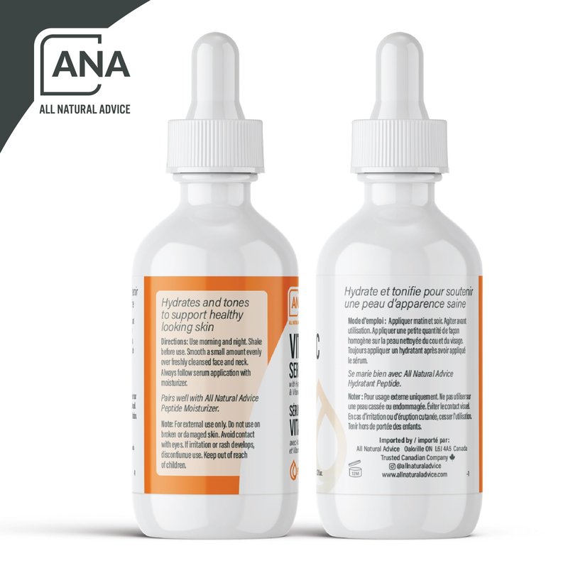 All Natural Advice Vitamin C Serum 60mL | 20% Vitamin C Face Serum Solution with Organic Botanicals, Hyaluronic Acid & Vitamin E | UV-Shielding Glass Bottle, Spray & Dropper | Canadian Skin Care