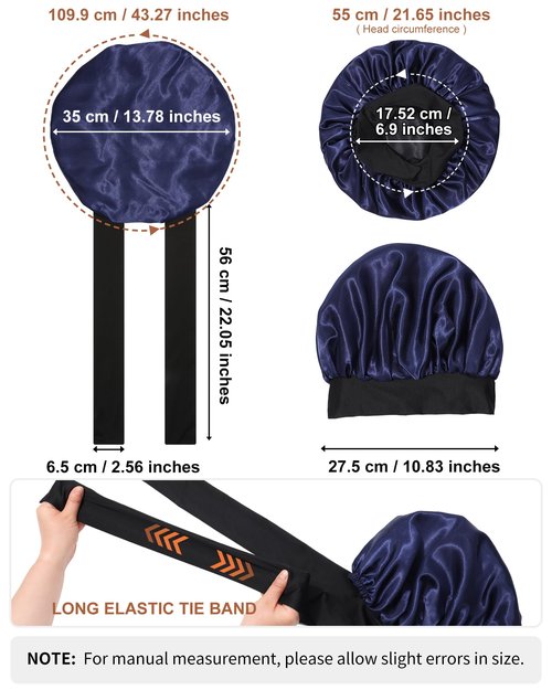 Satin Bonnet for Women Silk Bonnets for Sleeping Curly Hair Bonnet with Elastic Tie Band Reversible Double Layer Sleep Cap Hair Wrap (Black + Dark Blue)