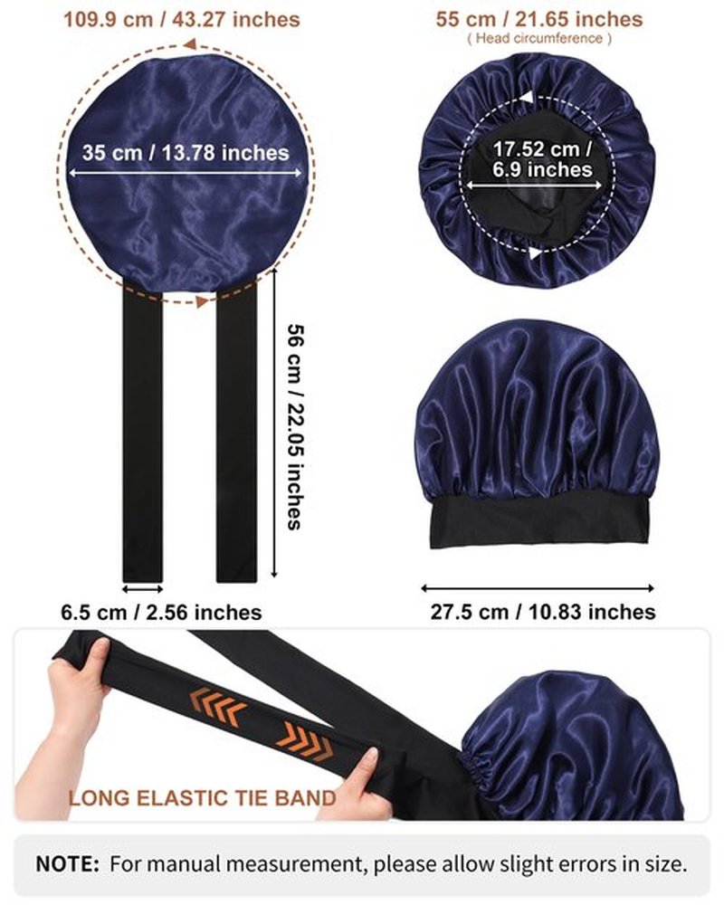 Satin Bonnet for Women Silk Bonnets for Sleeping Curly Hair Bonnet with Elastic Tie Band Reversible Double Layer Sleep Cap Hair Wrap (Black + Dark Blue)