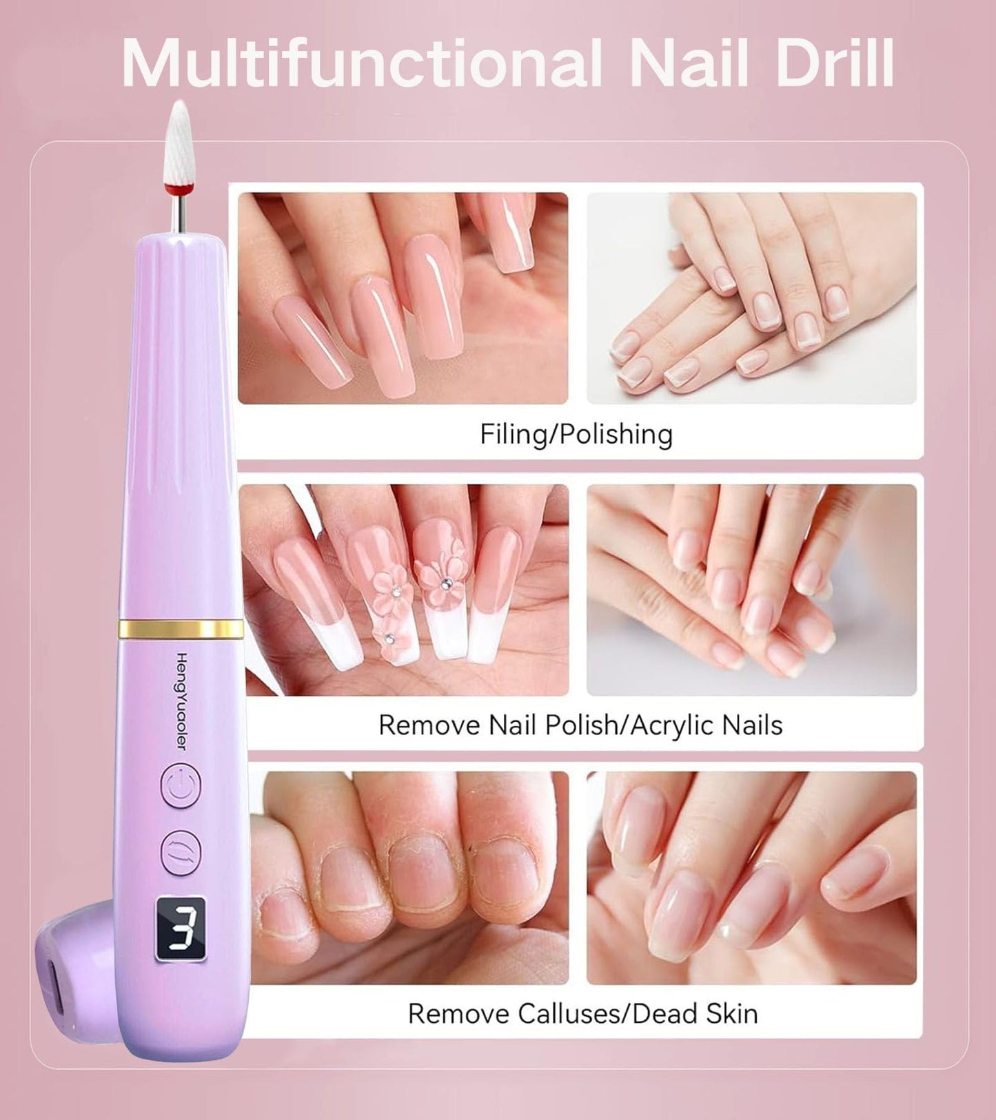 HengYuaoler Electric Nail Drill Machine File Efile Set for Acrylic Gel Nails Portable Nail Drill Machine Kit Rechargeable Pedicure Tools for Hand Feet Manicure Pedicure Tools Polishing Set (Purple)