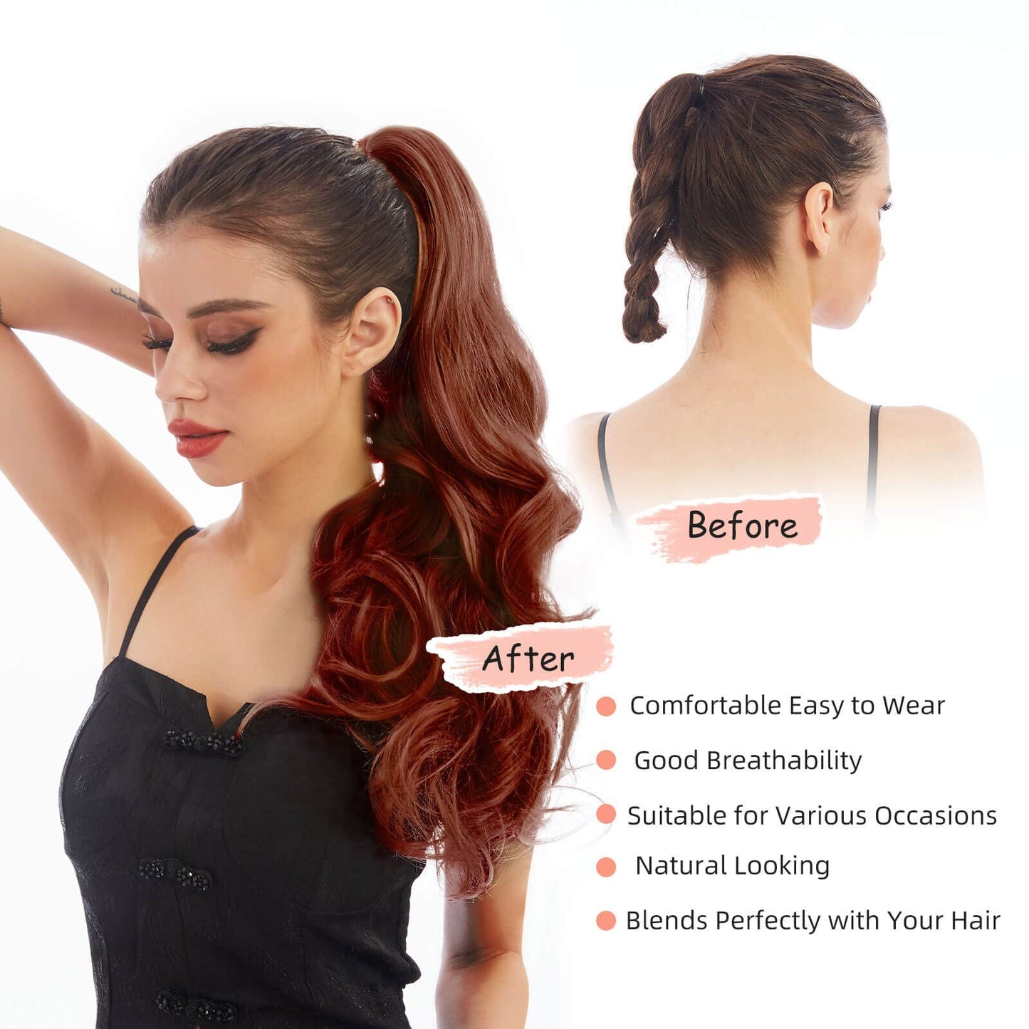 HEWEICSY Ponytail Extensions,Hair Extension Ponytail 22" Long Claw Hair Extension Synthetic Curly Wavy Hairpieces Ponytail Clip in Ponytail Wig Daily Fluffy Pony Tail for Women,4.8 OZ,Auburn