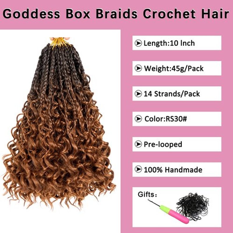 COOKOO 10 Inch Goddess Box Braids Crochet Hair With Curly Ends 8 Pack Bohemian Hippie Box Braids Pre-looped Crochet Hair Synthetic Crochet Braiding Hair for Black Women RS30#