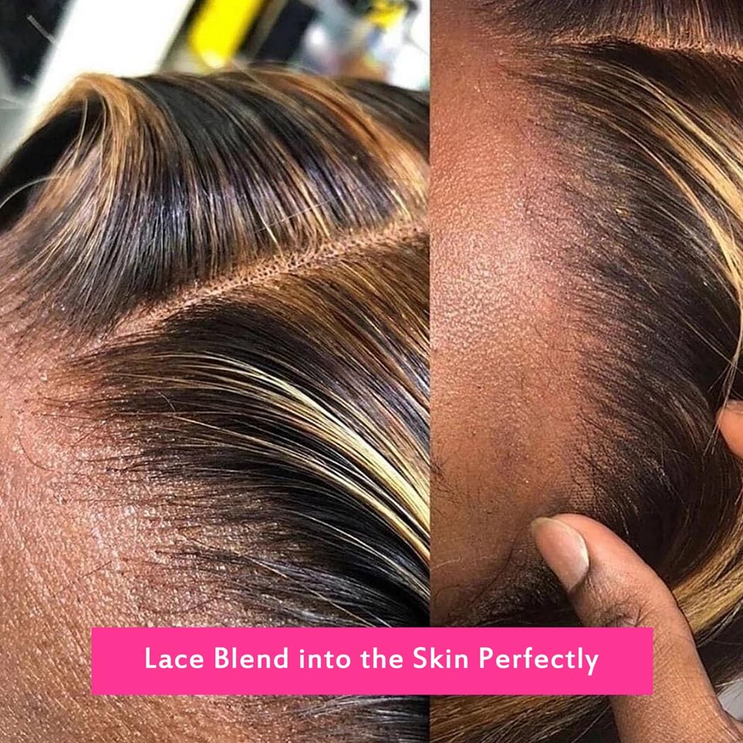 4/27 Highlight Straight Bundles with 13x4 Lace Frontal Brazilian Human Hair 3 Bundles with Frontal Ombre Blonde Colored 180% Density 12 14 16+10 Unprocessed Straight Virgin Hair Closure with Bundles