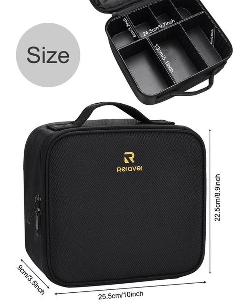 Relavel Makeup Bag, Makeup Organizer Bag Travel Train Case Portable Cosmetic Artist Storage Bag with Adjustable Baffle for Makeup Brush Jewelry (Black)