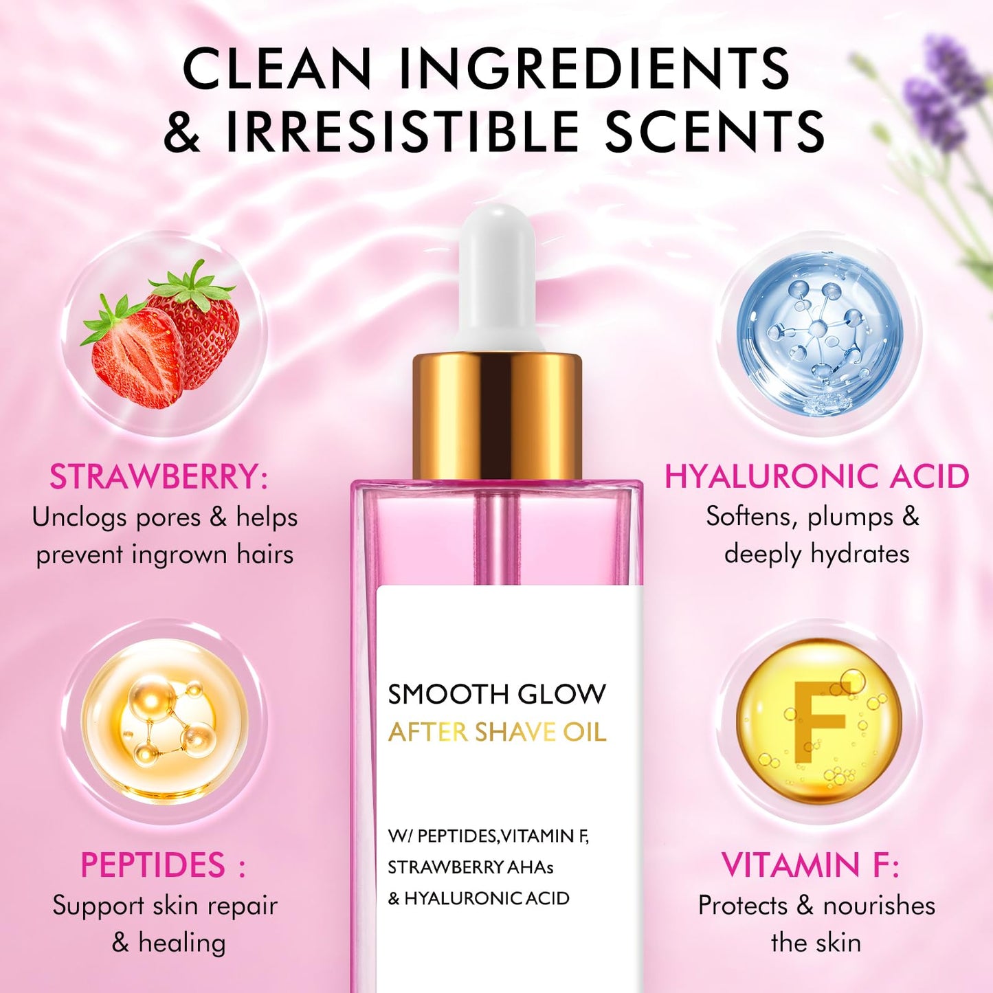 Premium After Shave Oil, 100ml Women's After Shave Oil for Smooth Skin - Strawberry AHA & Peptides to Prevent Ingrown Hairs & Razor Bumps, Fast-Absorbing Hydration, Vegan, Sensitive Skin Care