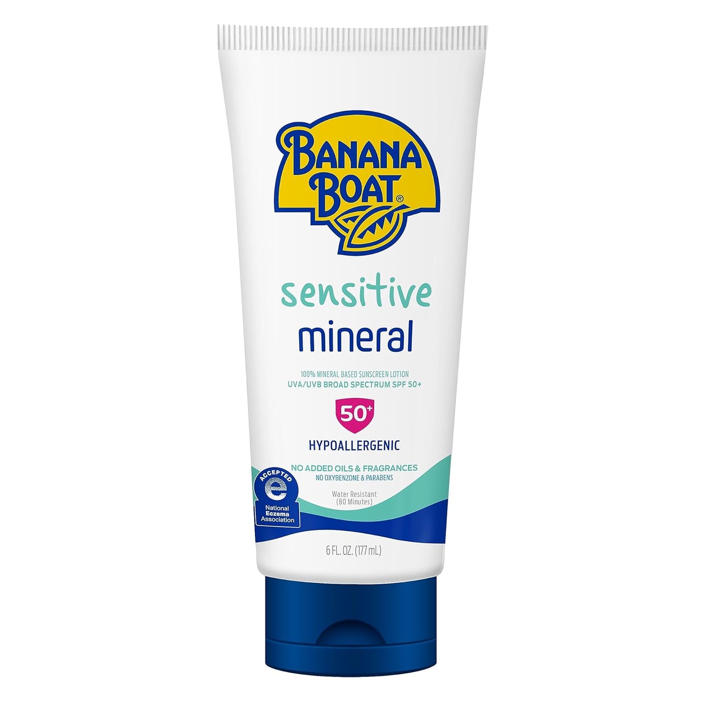 Banana Boat Sensitive 100% Mineral Sunscreen Lotion SPF 50 Twin Pack | Body Sunscreen, Sensitive Skin Sunblock, Oxybenzone Free Sunscreen, Banana Boat Mineral Sunscreen SPF 50, 6oz each