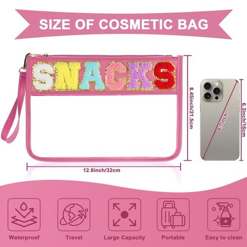 TESAFNG Snack Bag for Travel - Clear Chenille Varsity Letter Flat Pouch with Zipper, Waterproof Clear PVC&PU Preppy Patch Makeup Cosmetic tote Bags for Women Girls (Rose-Snacks)