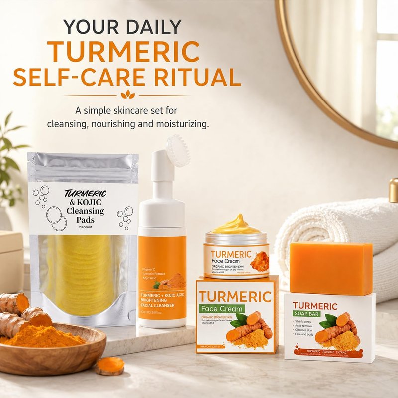 Turmeric Skincare Set with Face Wash, Cream, Soap Bar, Bubble Net, Facial Cleanser for All Skin Types, Soothing Hydrating Formula