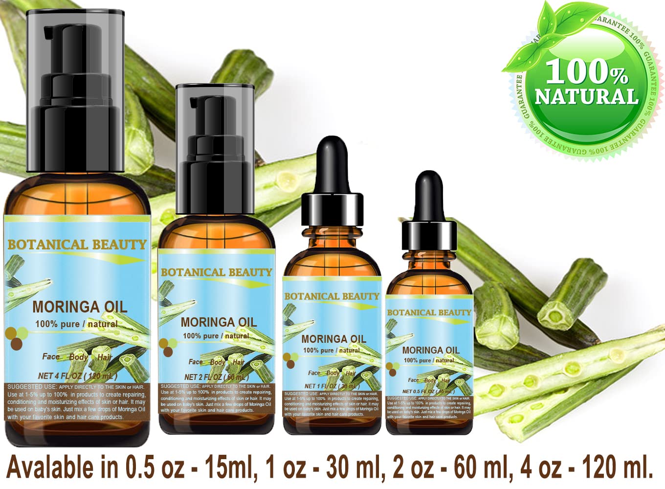 Botanical Beauty Moringa Oil 100% Pure Natural Undiluted Cold Pressed Carrier Oil. 1 Fl.oz.- 30 ml. for Face Skin, Hair, Lips, Nails. Rich in Vitamin C, Vitamin E