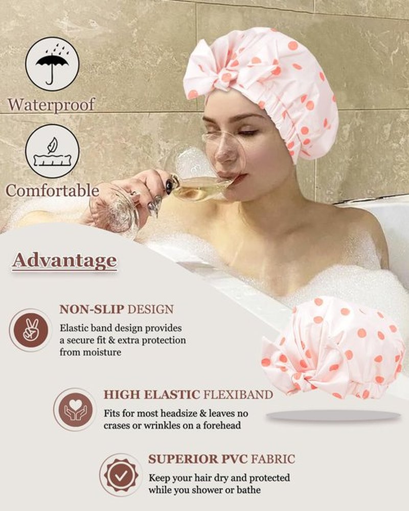 Luvruitaky Shower Cap Luxury Shower Caps for Women Reusable Waterproof Hair Cap for Shower with Adjustable Bowknot Hair Bath Cap (Pink)