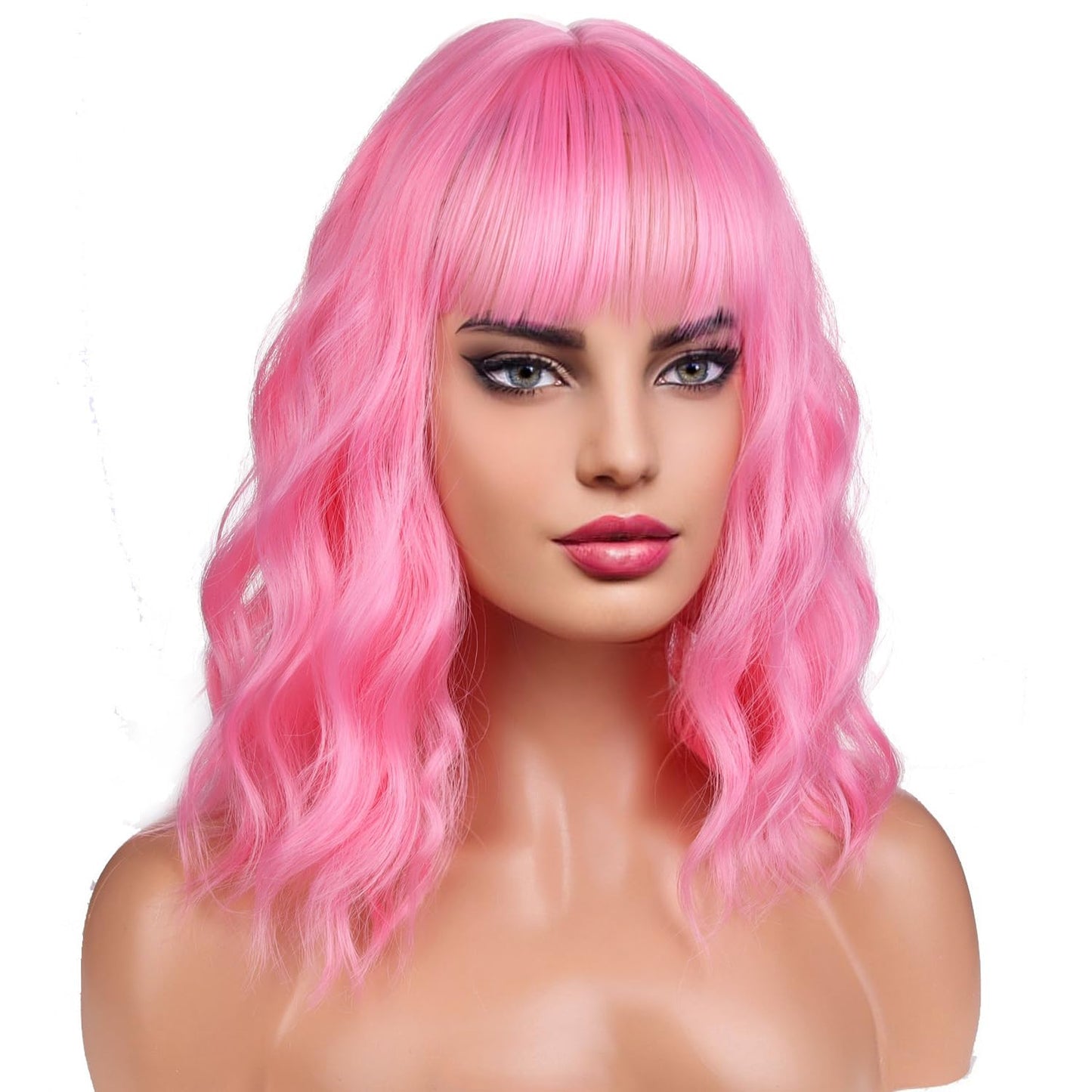BERON 14 Inches Pink Wig for Women Short Curly Wig Pink Wig with Bangs Pink Bob Wig for Daily Party Wig Cap Include