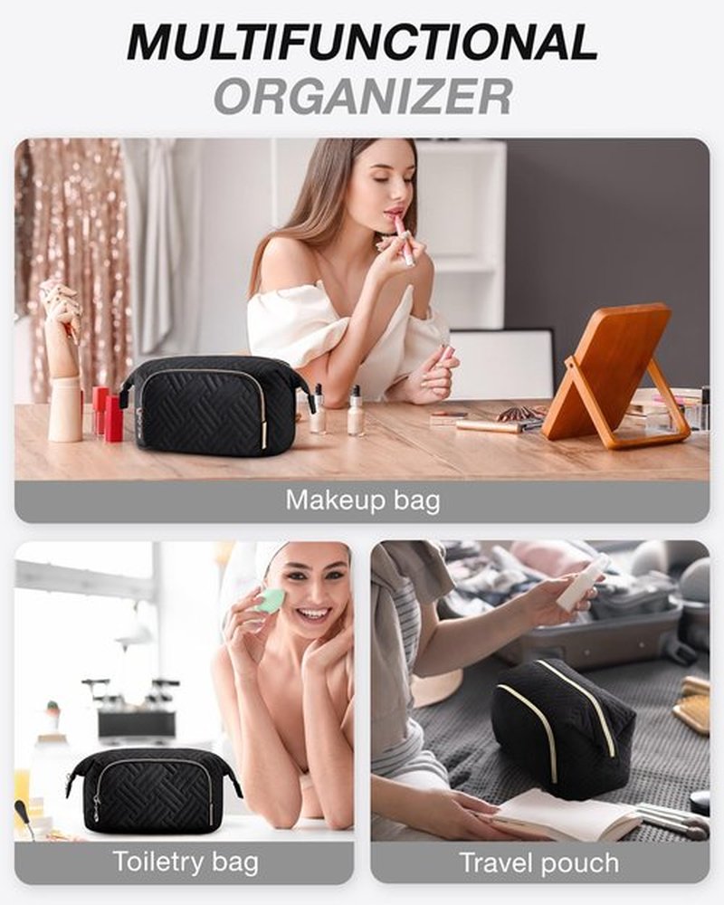 BAGSMART Travel Makeup Bag, Cosmetic Bag Make Up Organizer Case,Large Wide-open Pouch for Women Purse for Toiletries Accessories Brushes Black