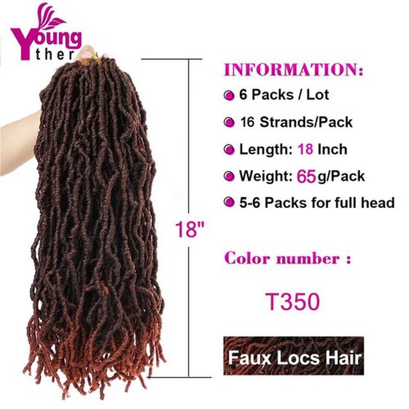 Youngther 18 inch New Faux Locs Crochet Hair Curly Wavy 6 Packs Crochet Faux Locs Hair Synthetic Crochet Hair for Black Women (18inch 6packs-T350)