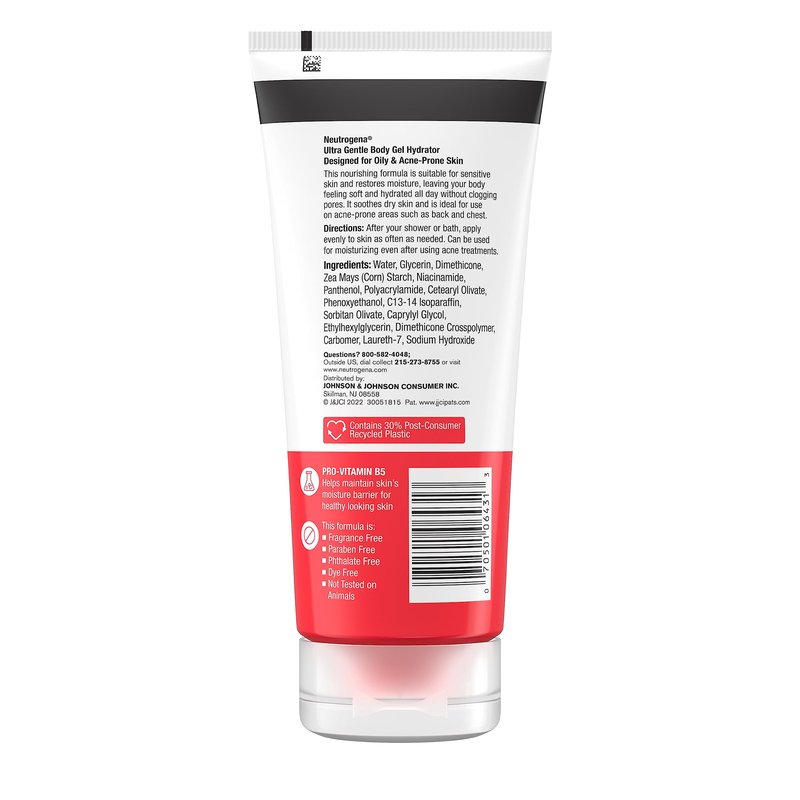 Neutrogena Ultra Gentle Body Gel Hydrator with Pro-Vitamin B5 & Niacinamide Designed for Acne-Prone & Oily Skin, Body Gel Cream Moisturizes Without Clogging Pores, Fragrance-Free, 7.0 oz