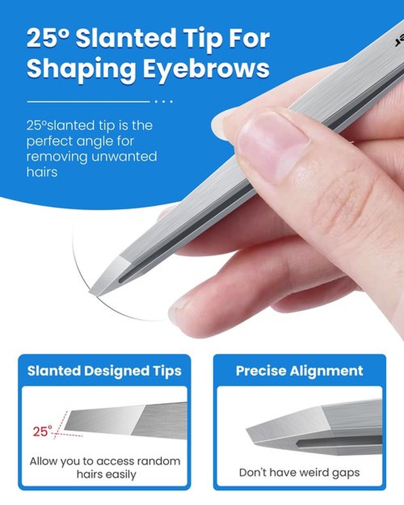 Expert Slant Tip Tweezers with Leather Case, GlamTweeler Sharp & Precision Stainless Steel Tweezer for Eyebrows, Facial Hair and Fine Hairs Removal (Silver)