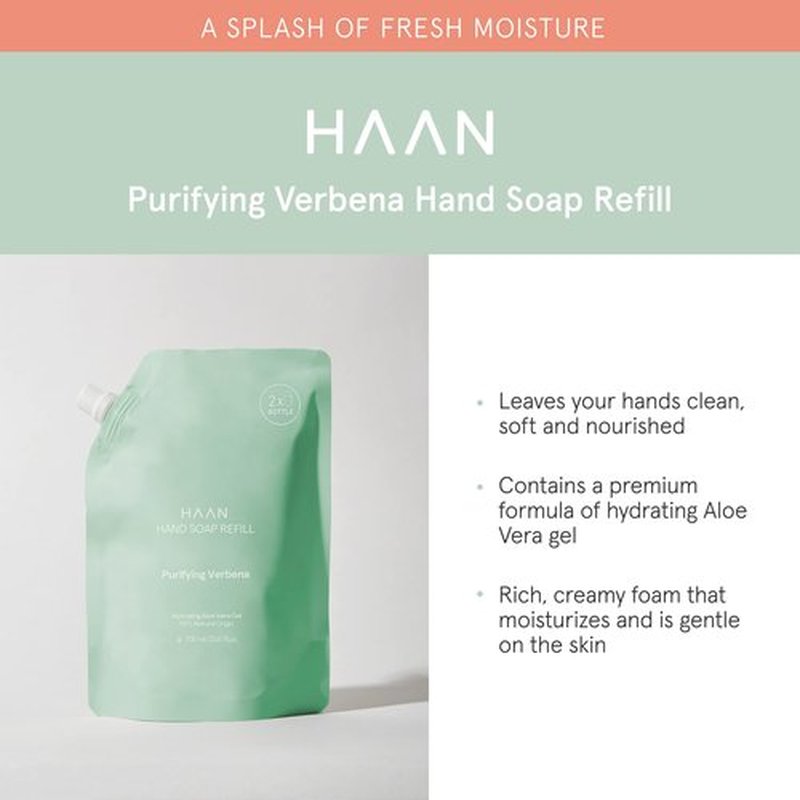 HAAN Foaming Hand Soap Refill | Moisturizing Liquid Hand Soap for Dry Skin | Multi Purpose Hand Wash with Aloe Vera & Cocos Nucifera | Bathroom Soap w/Pump Dispenser | Purifying Verbena - 23.67 Fl Oz