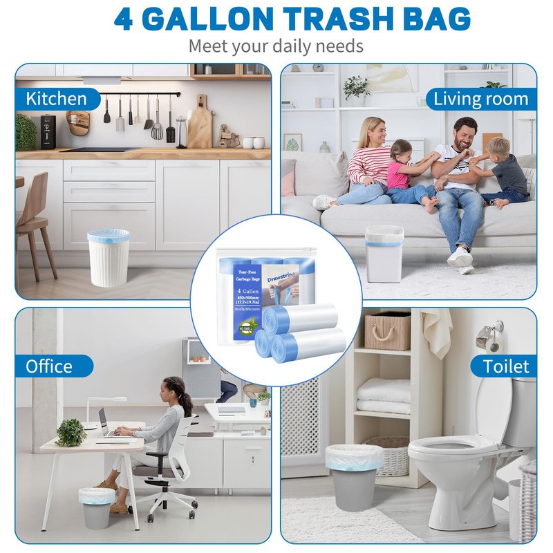 4 Gallon Trash Bags Drawstring, Small Trash Bags Tear-Free, 4 Gal Unscented White Small Garbage Bags, Separated Thick Plastic Wastebasket Liners for Toilet Home Office and Bedroom, 60 Count